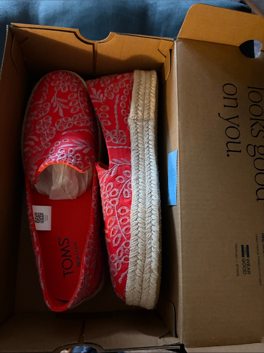 TOMS Red Floral Embroidered Espadrille Slip-On